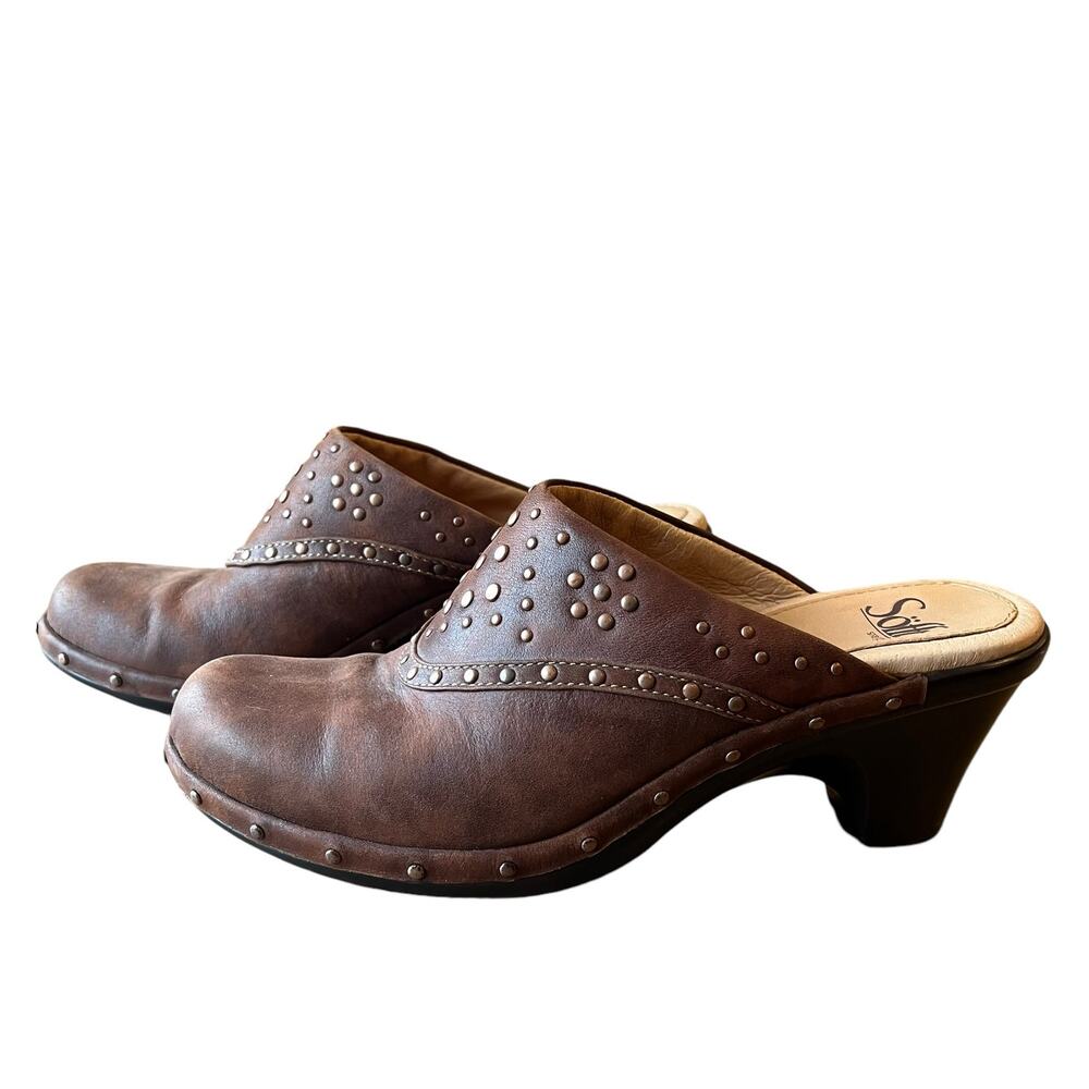 Sofft Clogs Mules Size 6.5 Brown Leather Studded Heels Comfort Slip On Boho